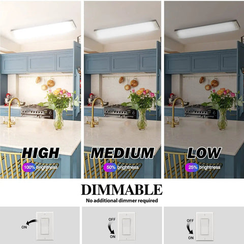 Dimmable 2 Foot LED Flush Mount Ceiling Light 20W 2200lm Cool White 4000K Kitchen Fixture demonstrating brightness levels