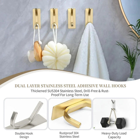 4 Pack Heavy Duty Peel And Stick Wall Hooks In Bright Gold Finish, holding kitchen gear and bath items, durable SUS304 stainless steel.