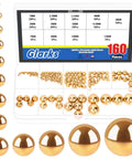 Built Tough Solid Brass Bearing Balls Assortment 160 Piece 1mm To 12mm in storage bin, showing various sizes of precision metal spheres.