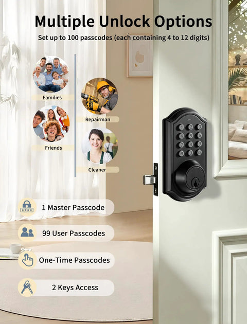 Cut The Cord On Lost Keys With This Keyless Entry Door Lock Featuring An Electronic Keypad Deadbolt For Your Front Door That Stores 100 Unique Codes With Smooth Daily Use. Keypad entry showing multiple unlock options.