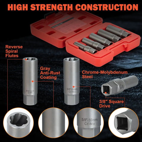Deep Bolt Extractor Kit Five Piece Set For Spark Plugs Bolts Lug Nuts Studs Screws With Deep Well Design For Tight Spaces And Deep Holes