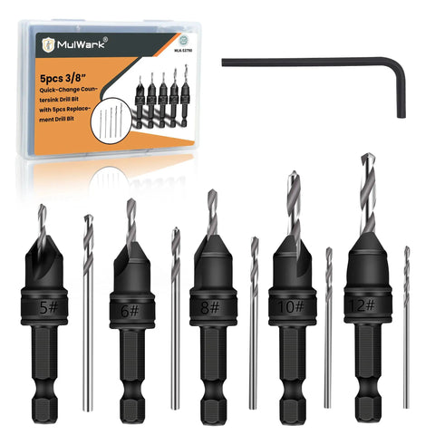 Front view of Woodworking Pro Grade Countersink Drill Bit Set 11 Piece With Adjustable Depth And Tapered Countersink Bits Replaceable Pilot Bits Allen Wrench Quick Change Hex Shank In Three Eighths Inch Storage Box