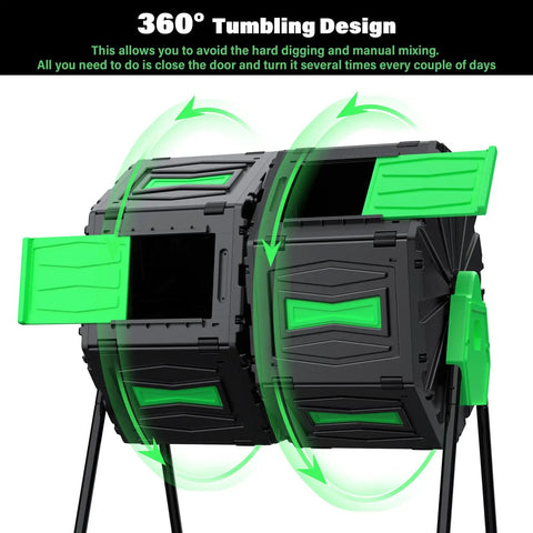 Rotating Dual Chamber Compost Bin With No Fuss Assembly And Fast Efficient Outdoor Composting, green doors open