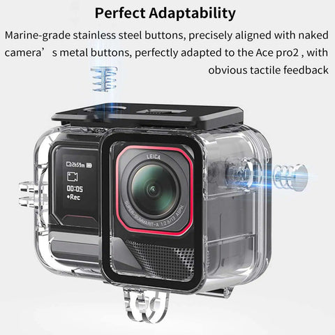 Beefy Underwater Case For Ace Pro 2 Action Camera 45m Waterproof Housing with adapter, fastening screw, and stainless steel buttons.