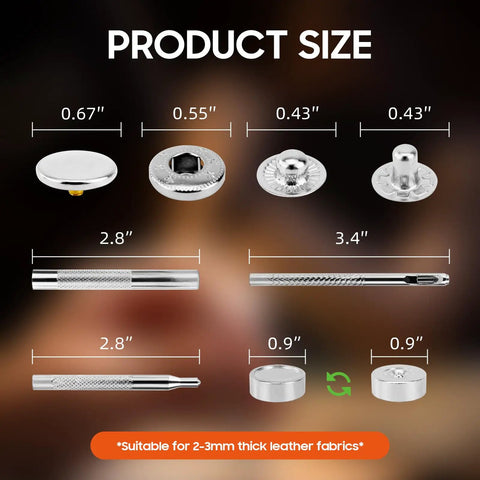 Forty Premium Silver 17Mm Metal Snap Fasteners With Pro Grade Setting Tools for Leather Goods, showing product sizes and details.
