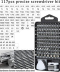 The Badass 138-In-1 Precision Screwdriver Kit With Magnetic Tips And Stripped Screw Extractors, Hacks Stripped Screws Like A Boss, Slick Tech Repair Kit For iPhones MacBooks Laptops PS5 Watches In Compact Case, showing 117 precision screwdriver bits in a compact case.