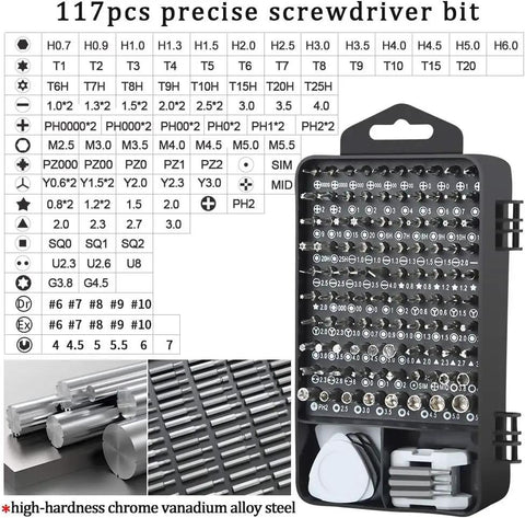 The Badass 138-In-1 Precision Screwdriver Kit With Magnetic Tips And Stripped Screw Extractors, Hacks Stripped Screws Like A Boss, Slick Tech Repair Kit For iPhones MacBooks Laptops PS5 Watches In Compact Case, showing 117 precision screwdriver bits in a compact case.