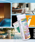 19 In 1 Water Quality Test Strips For Tap And Well Water Straight Up PH Hardness Chlorine Lead Nitrate Bacteria Testing Kit With 100 Heavy Duty Reagents Plus No Guesswork Readouts displayed with water glass and test strip container.