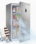Solid 14 Cubic Foot Upright Freezer Featuring Adjustable Wire Shelves And Hassle Free Frost Cooling That Keeps Your Grocery Haul Frozen Solid Effortlessly For Garage Kitchen Or Basement Use with frozen foods visible.