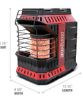 Indoor Safe Portable Radiant Space Heater With 11000 BTU Output Propane Powered Buddy Style Heater, front view with dimensions