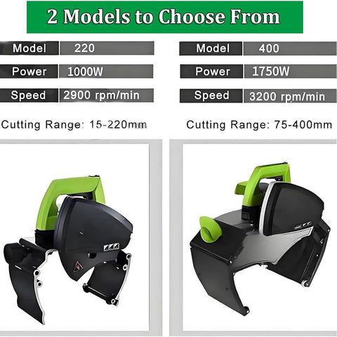Two Boss Level Automatic Pipe Cutting Machines with Precision Rail Guide for Steel and Plastic ZD400 Heavy Duty Electric Power Tool.