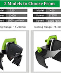 Two models of Fully Automatic Electric Pipe Cutting Machine with cutting ranges of 15-220mm and 75-400mm displayed.