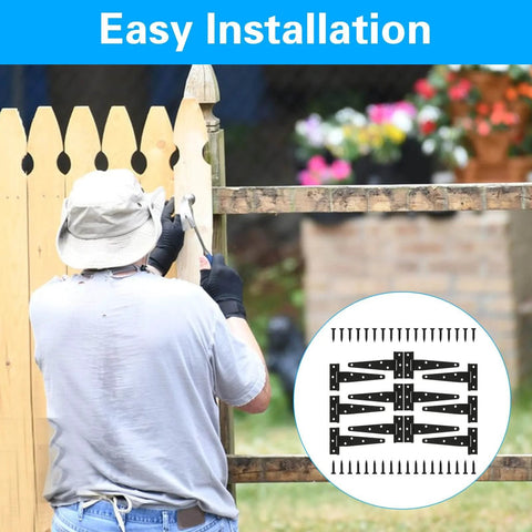 12 Pcs 6 Inch T Strap Hinges Heavy Duty Outdoor Tee Hinge Installation on Wooden Fence with Black Galvanized Iron Hardware