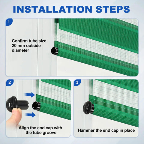 Installation steps for Heavy Duty Roller Shades End Cap Covers. Showing tube size verification, alignment, and securing.