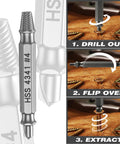 Close-up of Six Piece Damaged Screw Extractor Set With Case, showing HSS 4341 drill tool and extraction steps for broken screws.