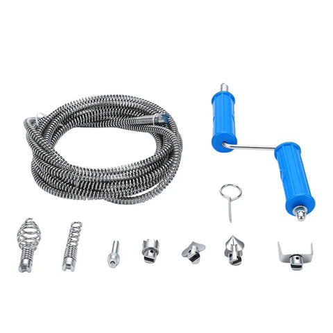 Heavy Duty Drain Snake With Drill Attachment, Flexible Alloy Steel Pipe Auger, steel cable and various attachments for plumbing use.