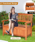 Outdoor Dope Wood Storage Bench Deck Box with removable lining and handles in eucalyptus wood for garden use, woman sitting.
