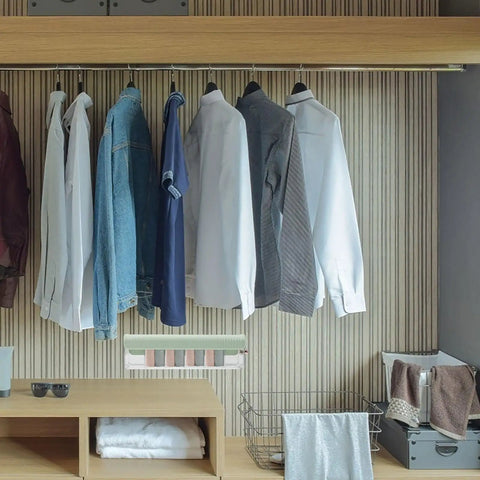 Slick Hanging Underwear Organizer Drawer Box For Socks Storage With Durable Wall Mount Hooks And Heavy Duty Plastic Wardrobe Sorting Bin above hung shirts.