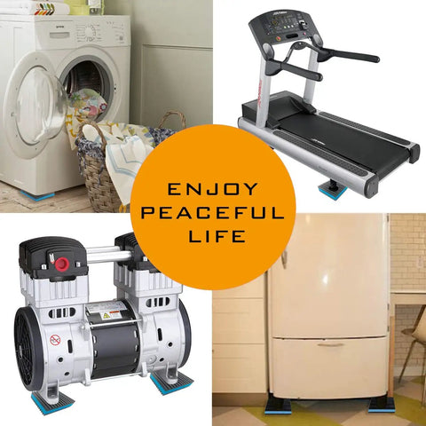 Hardcore Heavy Duty Rubber Anti Vibration Pads 4 Pack 6 By 6 By 7/8 Inch under treadmill, dryer, fridge, and compressor for stability.