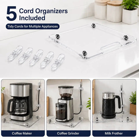 Clear Acrylic Appliance Slider Tray 13 X 14 Inch Slick Roll Out Coffee Maker Base with cord organizers for appliances.