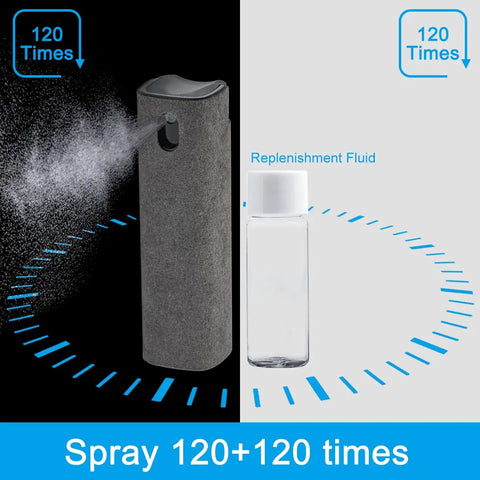 2 In 1 Screen Cleaner Kit With Mist Spray And Refill Microfiber Cloth Keyboard Brush And Glasses Cloth For Phones TVs Laptops Tablets Monitors Eyeglasses IPhone IPad MacBook Pro Like A Boss with mist bottle and refill bottle shown