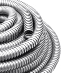Coiled Half Inch Flexible Reduced-Wall Electrical Conduit, 50 Ft Stainless Steel Cable Sleeve, rust-resistant, for low-voltage wiring protection.