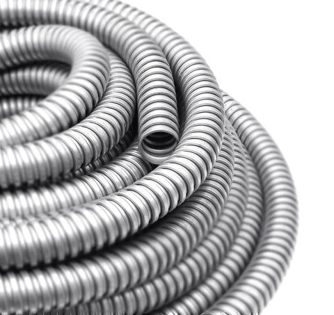 Coiled Half Inch Flexible Reduced-Wall Electrical Conduit, 50 Ft Stainless Steel Cable Sleeve, rust-resistant, for low-voltage wiring protection.