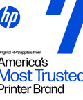 HP logo with text stating "Original HP Supplies from America's Most Trusted Printer Brand" on a white background.