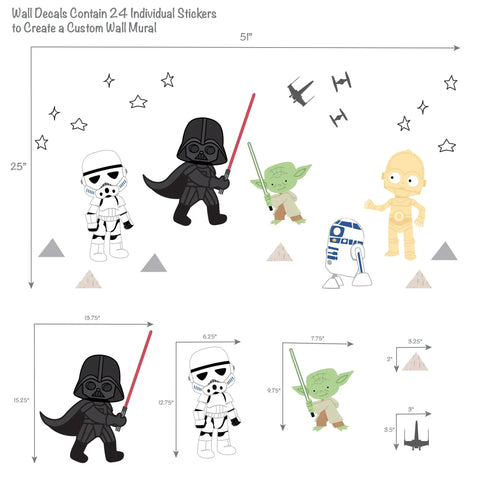 Star Wars Wall Decals Set Featuring Yoda Darth Vader R2 D2 C3PO Stormtrooper And TIE Fighters Create A Custom Mural That Really Pops In Any Kids Room Easy To Apply With Three Sheets And About 24 Pre Cut Pieces.