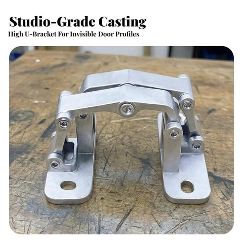 Heavy Duty Conceal Hinge With Articulated Arms And Reinforced Mounting Plates For Stone Doors 250Kg Load Solid As A Rock Hidden Design No Fuss Install Smooth Operation, showing high U-bracket for invisible door profiles.