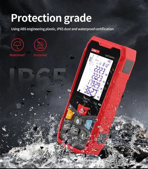 Built Different Green Laser Distance Meter Kicks Up To 70 Meters displayed in water, showcasing IP 65 weather sealed casing.