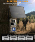 Kickass Solar Powered 4G LTE Cellular Trail Camera With Built In Prepaid Sim showing solar panel and SIM card on tree.