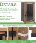 Weatherproof Outdoor Storage Cabinet With Metal Top And Adjustable Shelves shown with details like fir wood, metal design.