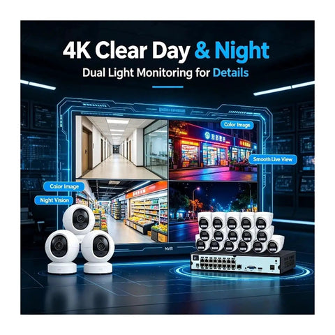 16CH 4K PoE NVR Security Dome Camera System 8Mp Full Color Night Vision Waterproof Surveillance Kit showcasing four cameras and NVR.