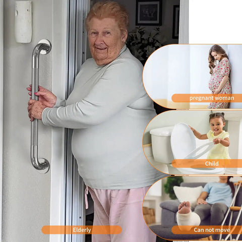 Elderly woman holding Straight Up 36 Inch Shower Grab Bar With Killer Anti Slip Knurled Grip For Bathroom Safety And Added Stability Heavy Duty Stainless Steel Support Handle Built Different For Extra Grip And Peace Of Mind.