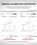 Calibration certificate for Pro Grade Precision Square Ruler for marking in carpentry, 4 inch aluminum frame tool.
