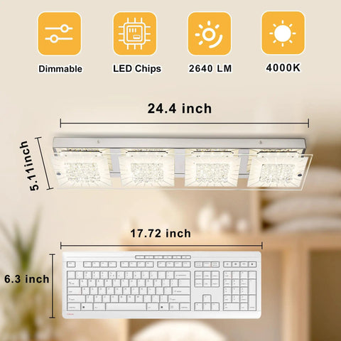 Rectangular Flush Mount LED Ceiling Light Fixture 24 Inch Long Crystal Dimmable 2640 Lumens 4000K Neutral White dimensions