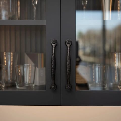 Solid Core Kitchen Cabinet Pulls Pack Of 10 In Black Iron For Doors And Dresser Drawers Luxury Hardware With Three Quarters Of An Inch Hole Center Heavy Duty Black Rustic Style From Refined Rustic Collection on glass cabinet doors