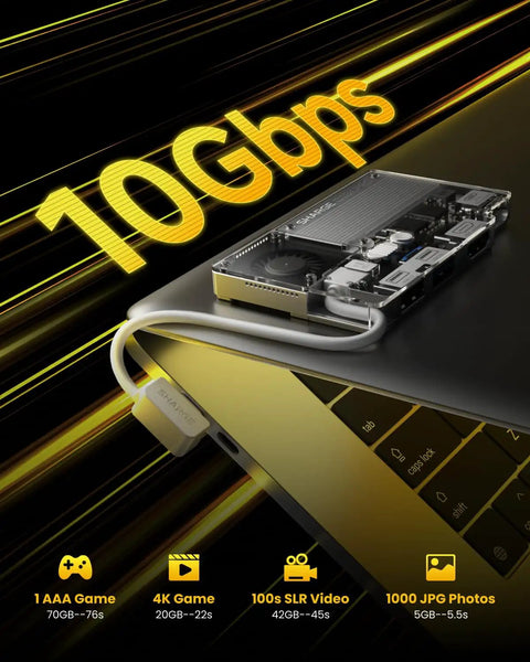 All In One Portable 1TB SSD With Active Cooling Fan And Built In 4 Port Hub HDMI 2 1, 10 Gbps Cable on laptop