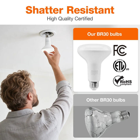 Person installing BR30 LED Light Bulbs 4 Pack Dimmable Soft White 2700K 65 Watt Equivalent Frosted Glass in ceiling fixture.