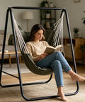 Weather Resistant Hammock Chair Stand With Hanging Swing Chair Included For Indoor Outdoor Use Space Saving Iron Triangle Frame Handles Up To 450 Lbs Easy Setup No Fuss Green Patented Swing Stand in living room.