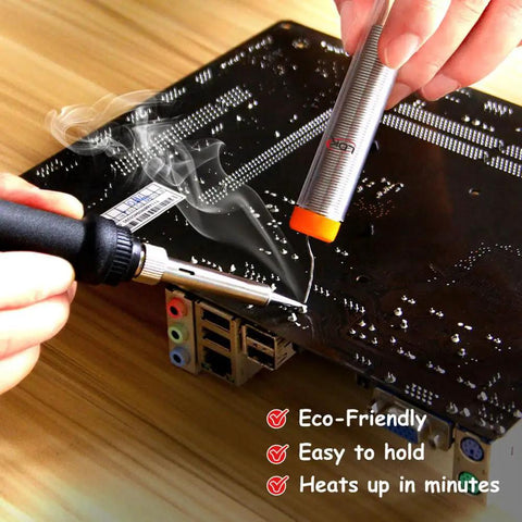 60W 110V Adjustable Temperature Soldering Iron Kit With 5 Tips in use on a circuit board for electronics repair