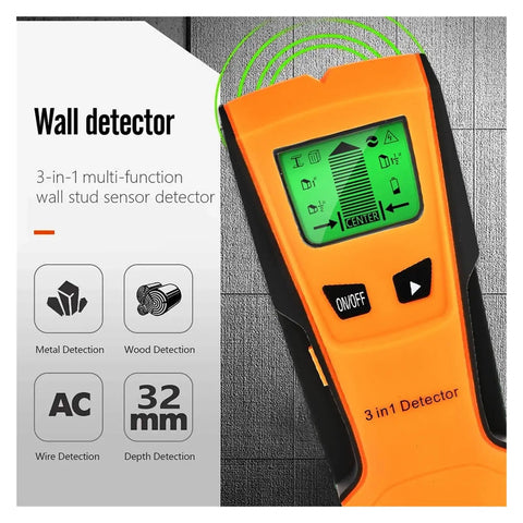 Built Tough 3 In 1 Wall Scanner And Stud Finder Including Metal Detector And Live Wire Voltage Alert For Fast Positioning Of Hidden Joists And Smooth Weekend Project Fixes In Orange, showing multi-function wall stud sensor with display.
