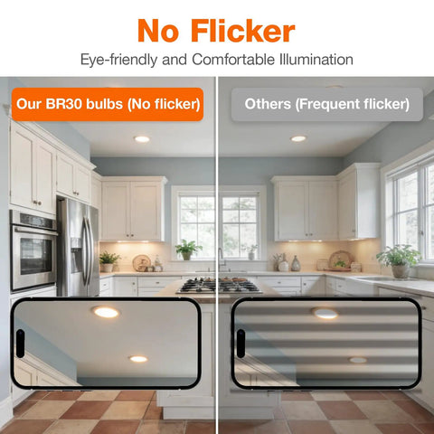 Side-by-side image comparison of kitchen lighting showing BR30 LED Light Bulbs 4 Pack Dimmable Soft White 2700K 65 Watt Equivalent Frosted Glass with no flicker.