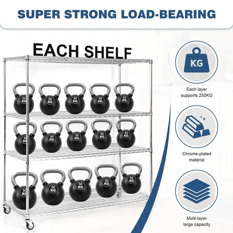 Heavy Duty 5 Tier Rolling Storage Rack With Hella Tough Steel Wire Shelves And Rock Solid Weight Rating For Zero Drama Tool Free Organization Solutions with kettlebells