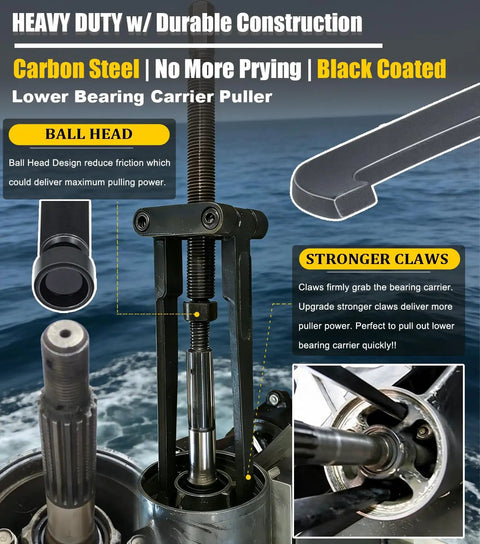 Heavy Duty Marine Lower Unit Repair Kit Featuring Rock Solid Three Piece Bearing Carrier Puller And Drive Shaft Retainer Wrench Set For No Sweat Outboard Servicing, carbon steel puller with claw design.