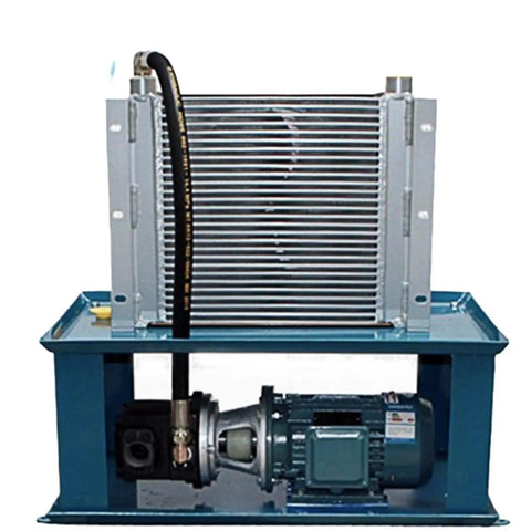 Rock Solid Hydraulic Power Unit With Integrated Oil Cooler Pump Motor Built Tough Plate Fin Architecture. Heavy duty design with cooling fins and motor.