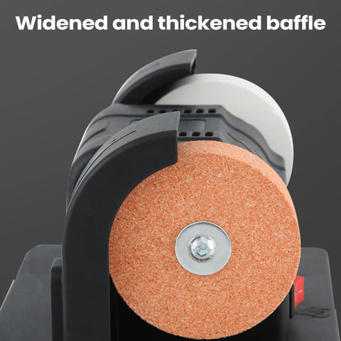 Close-up of widened and thickened baffle on Badass Bench Grinder And Electric Polisher With Lightning Quick Start Motor And Dual Sharpening Discs.