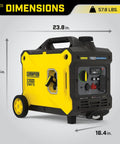 3500 Watt Portable Inverter Generator With Quiet Technology And CO Shield, dimensions and weight displayed