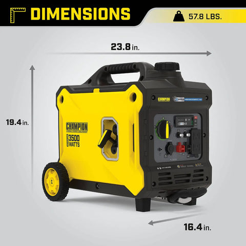 3500 Watt Portable Inverter Generator With Quiet Technology And CO Shield, dimensions and weight displayed